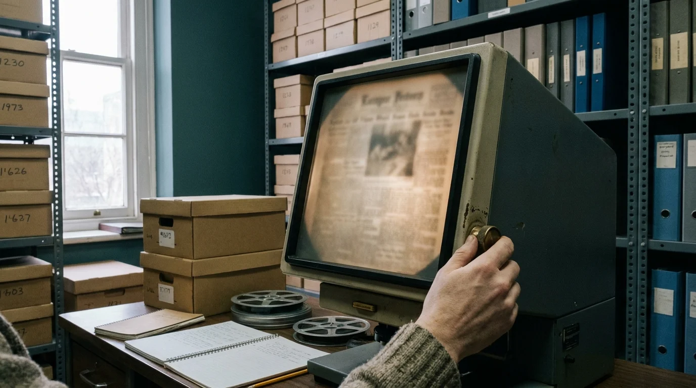 A researcher turns the knob of a microfilm reader in a library archive, film reels in boxes on the desk.