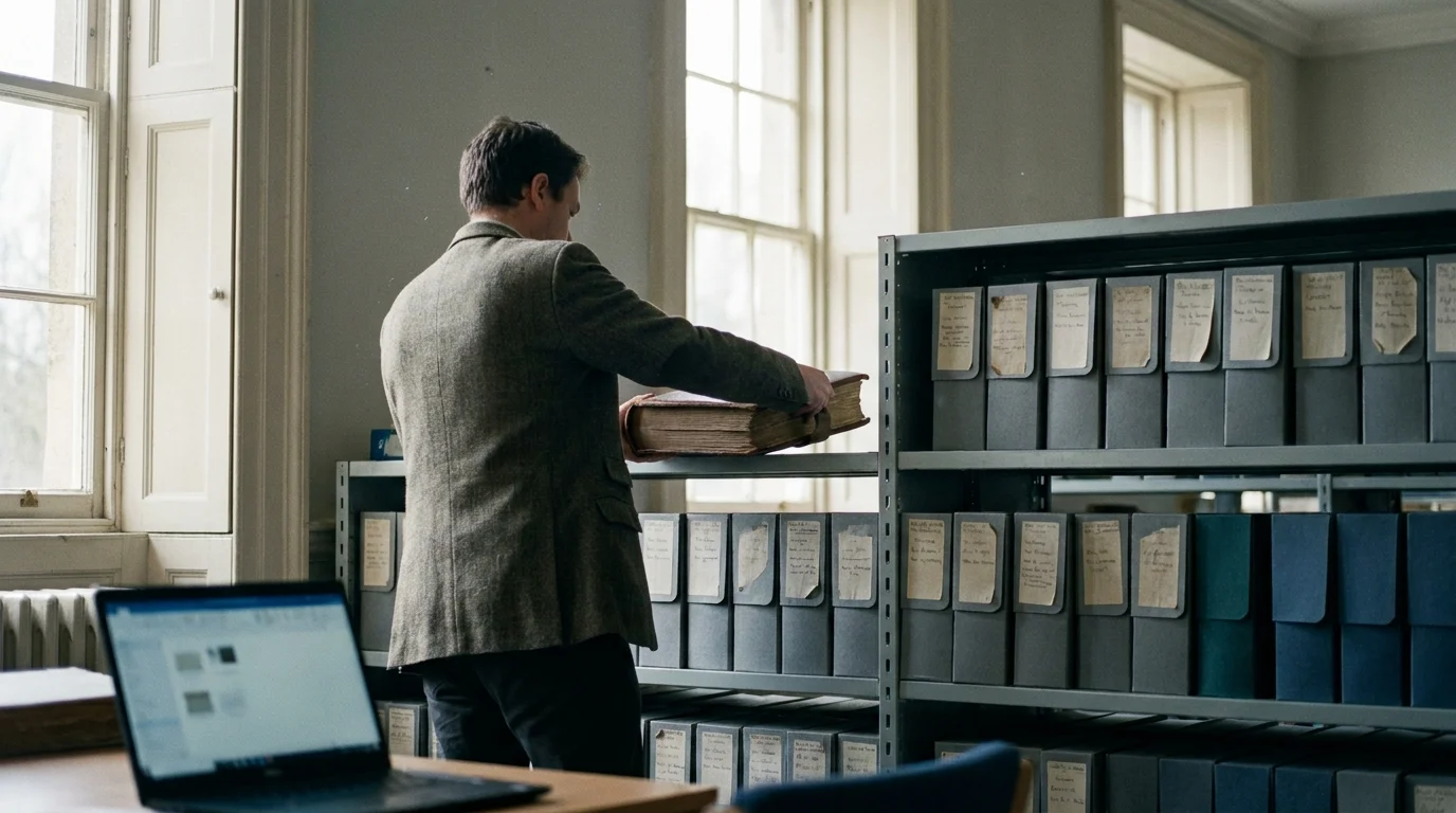 A researcher in a public records room lifts a heavy bound registry ledger from a metal shelf of grey archive boxes.