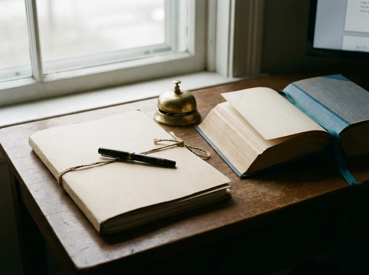 A closed manila case folder tied with string, a fountain pen across it, a brass desk bell and an open law book.