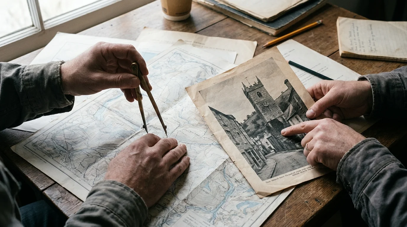 Two pairs of hands compare a printed photo of a hillside street and church tower with a paper map, measuring it with brass dividers.