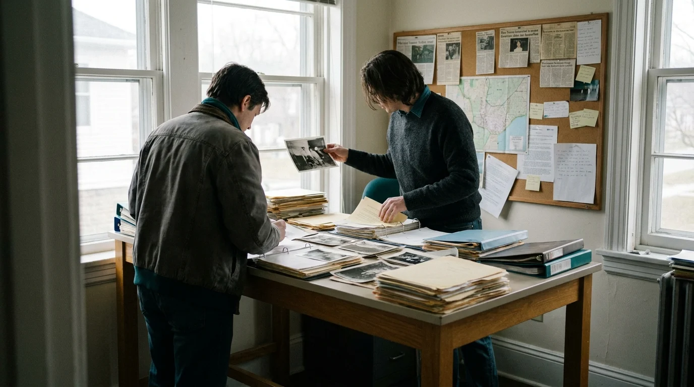 Two fact-checkers at a tall table in a bright newsroom sort printed photographs, one holding a photo up to the window light.
