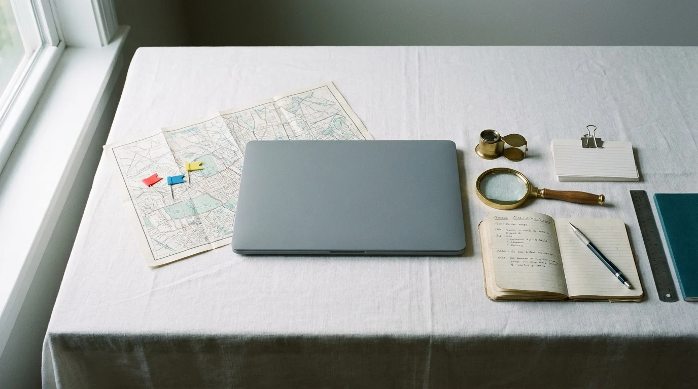 A tidy workbench seen from above: a closed laptop, a street map with three paper flags, a loupe, a magnifier, a notebook and index cards.
