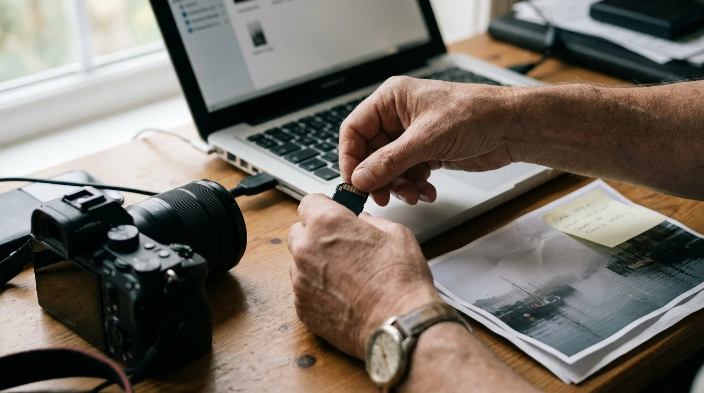 A photographer's hands slide a memory card into a laptop card reader beside a camera and a printed harbour photograph.