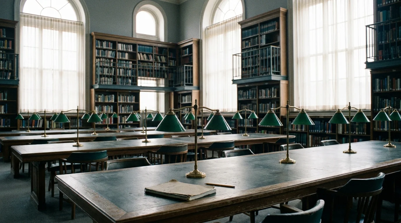 An empty public library reading room in the morning with long tables and green-shaded lamps.