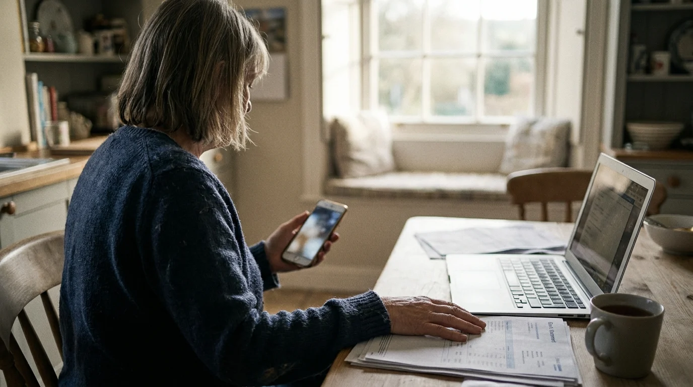 A woman at a kitchen table pauses over a text on her phone, a printed bank statement and an open laptop beside her.